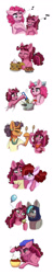 Size: 700x3567 | Tagged: safe, artist:celestial-rainstorm, character:pinkie pie, character:saffron masala, oc, oc:birthday bash, oc:cherry chimichanga, oc:diamond, parent:cheese sandwich, parent:party favor, parent:pinkie pie, parent:roseluck, parents:cheesepie, species:pony, blueberry, food, muffin, offspring, older, pancakes, pasta, pie, pot, spaghetti, spoon, strawberry, whipped cream