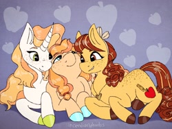 Size: 2048x1536 | Tagged: safe, artist:incendiaryboobs, oc, oc only, parent:applejack, parent:rarity, parents:rarijack, species:earth pony, species:pony, species:unicorn, female, magical lesbian spawn, mare, offspring, prone
