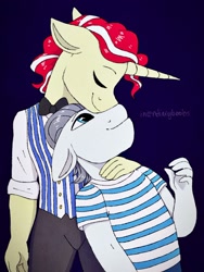 Size: 1536x2047 | Tagged: safe, artist:incendiaryboobs, character:flim, character:silver shill, species:anthro, species:earth pony, species:pony, species:unicorn, gay, male, shipping