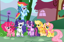 Size: 1950x1298 | Tagged: safe, artist:doraeartdreams-aspy, character:applejack, character:fluttershy, character:pinkie pie, character:rainbow dash, character:rarity, character:twilight sparkle, species:earth pony, species:pegasus, species:pony, species:unicorn, g5 leak, leak, applejack (g5), earth pony twilight, female, fluttershy (g5), hooves, mane six, mane six (g5), mare, pegasus pinkie pie, pinkie pie (g5), race swap, rainbow dash (g5), rarity (g5), redesign, smiling, smirk, spread wings, twilight sparkle (g5), unicorn fluttershy, wings