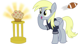 Size: 3581x2039 | Tagged: safe, artist:anime-equestria, character:derpy hooves, species:pegasus, species:pony, american football, clothing, cute, female, food, football, happy, mare, muffin, shiny, shirt, simple background, solo, sports, transparent background, trophy, vector, wings