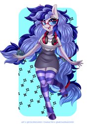 Size: 7556x9793 | Tagged: safe, alternate version, artist:ask-colorsound, oc, oc only, oc:cinnabyte, species:anthro, adorkable, clothing, commission, cute, dork, excited, gaming headset, glasses, headset, miniskirt, moe, pigtails, shirt, simple background, skirt, smiling, socks, solo, striped socks, t-shirt, thigh highs, white background, your character here, zettai ryouiki