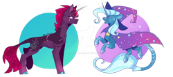 Size: 1600x711 | Tagged: safe, artist:akiiichaos, character:tempest shadow, character:trixie, species:pony, species:unicorn, alternate design, cloven hooves, deviantart watermark, eye scar, leonine tail, obtrusive watermark, prosthetic horn, prosthetics, scar, simple background, tempest gets her horn back, transparent background, watermark