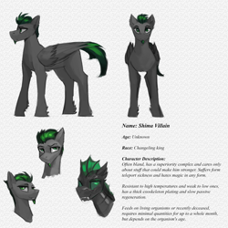 Size: 1500x1500 | Tagged: safe, artist:nsilverdraws, oc, oc only, oc:villainshima, species:changeling, species:pegasus, species:pony, description, green changeling, male, reference sheet, simple background, solo, stallion