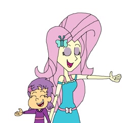 Size: 1233x1205 | Tagged: safe, artist:hunterxcolleen, character:fluttershy, species:human, episode:so much more to me, g4, my little pony: equestria girls, my little pony:equestria girls, bubble guppies, clothing, crossover, duo, eyes closed, oona, oona (bubble guppies), open mouth, raised hand, simple background, singing, stars, white background