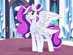 Size: 2048x1536 | Tagged: safe, artist:incendiaryboobs, character:princess cadance, character:twilight sparkle, character:twilight sparkle (alicorn), species:alicorn, species:pony, crystal castle, female, four wings, fusion, looking at you, mare, multiple wings, seraph, seraphicorn, smiling, solo, wings