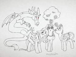 Size: 2048x1536 | Tagged: safe, artist:incendiaryboobs, character:discord, character:fluttershy, character:gentle breeze, character:posey shy, species:draconequus, species:pegasus, species:pony, :o, blushing, cloud, female, floppy ears, flower, implied discoshy, implied shipping, implied straight, lineart, looking up, male, mare, monochrome, neo noir, open mouth, partial color, red eyes, signature, sketch, smiling, stallion
