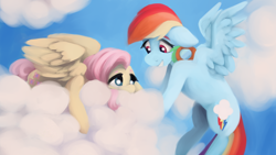 Size: 2560x1440 | Tagged: safe, artist:incendiaryboobs, character:fluttershy, character:rainbow dash, species:pegasus, species:pony, cloud, cowering, duo, duo female, encouragement, female, floppy ears, flying, goggles, grin, implied flutterdash, implied lesbian, implied shipping, looking at each other, mare, mood contrast, on a cloud, prone, sky, smiling, spread wings, wings