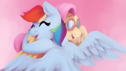 Size: 2560x1440 | Tagged: safe, artist:incendiaryboobs, character:fluttershy, character:rainbow dash, species:pegasus, species:pony, episode:hurricane fluttershy, g4, my little pony: friendship is magic, bust, duo, duo female, eyes closed, female, flying, goggles, hug, implied flutterdash, implied lesbian, implied shipping, mare, open mouth, pink sky, scene interpretation, shipping fuel, sky, smiling, spread wings, wings