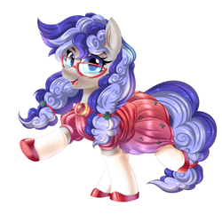Size: 3500x3500 | Tagged: safe, artist:ask-colorsound, oc, oc only, oc:cinnabyte, species:earth pony, species:pony, adorkable, clothing, commission, cute, dork, dress, female, glasses, mare, shoes, simple background, socks, solo, white background, your character here