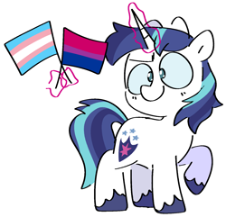 Size: 1422x1373 | Tagged: safe, artist:pinkiespresent, character:shining armor, species:pony, species:unicorn, bisexual pride flag, female, gleaming shield, glowing horn, headcanon, horn, lgbt headcanon, magic, magic aura, pride, pride flag, rule 63, sexuality headcanon, solo, transgender pride flag