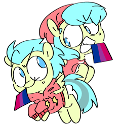 Size: 1119x1182 | Tagged: safe, artist:pinkiespresent, character:barley barrel, character:pickle barrel, species:pegasus, species:pony, beanie, bisexual pride flag, clothing, hat, headcanon, hoodie, lgbt headcanon, pride, pride flag, sexuality headcanon
