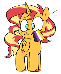 Size: 949x1141 | Tagged: safe, artist:pinkiespresent, character:sunset shimmer, species:alicorn, species:pony, alicornified, female, headcanon, lgbt headcanon, nonbinary pride flag, pride, pride flag, race swap, sexuality headcanon, simple background, solo, white background