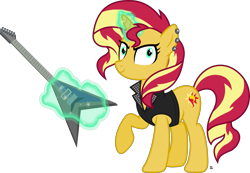 Size: 3021x2094 | Tagged: safe, artist:anime-equestria, character:sunset shimmer, species:pony, species:unicorn, clothing, ear piercing, female, flying v, guitar, jacket, levitation, looking at you, magic, mare, musical instrument, piercing, ponified, rocker, simple background, smiling, solo, telekinesis, transparent background, vector