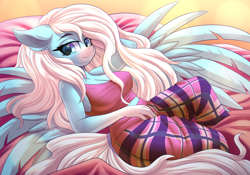 Size: 5000x3500 | Tagged: safe, artist:ask-colorsound, oc, oc only, oc:icy heart, species:anthro, species:pegasus, species:pony, absurd resolution, anthro oc, bed, clothing, female, mare, pajamas, solo