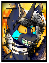 Size: 1524x1959 | Tagged: safe, artist:chazmazda, oc, oc only, oc:atlas, species:pony, colored, commission, commissions open, digital art, fire, flat colors, markings, shade, shading, solo, teeth, third eye, three eyes