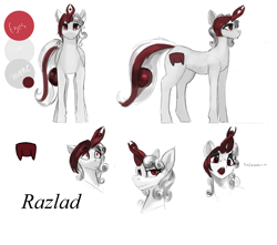 Size: 1698x1500 | Tagged: safe, artist:nsilverdraws, oc, oc:razlad, species:pony, colored, front view, helix horn, jojo's bizarre adventure, reference sheet, shocked, side view, smug