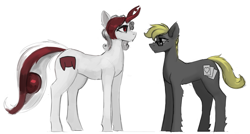 Size: 1434x767 | Tagged: safe, artist:nsilverdraws, oc, oc only, oc:razlad, oc:trestle, species:pony, cool, glasses, height difference, helix horn, leg fluff, reference, reference sheet, simple background, size difference, white background