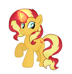 Size: 2048x2090 | Tagged: safe, artist:doraeartdreams-aspy, character:sunset shimmer, species:pony, species:unicorn, aura, female, glowing horn, high res, horn, magic, mare, raised hoof, simple background, smiling, solo, teal eyes, transparent background, vector
