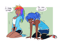 Size: 1280x911 | Tagged: safe, artist:drawbauchery, character:rainbow dash, character:sonic the hedgehog, species:human, breasts, converse, crossover, cute, dark skin, dashabetes, duo, female, humanized, male, shoes, sonic the hedgehog (series)