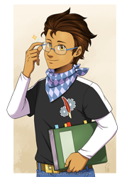Size: 921x1341 | Tagged: safe, artist:hazurasinner, commissioner:imperfectxiii, oc, oc:copper plume, my little pony:equestria girls, belt, book, clothing, commission, freckles, glasses, looking at you, male, neckerchief, pants, shirt, solo