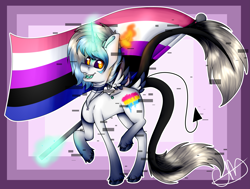 Size: 4845x3670 | Tagged: safe, artist:chazmazda, oc, oc:atlas, species:demon pony, species:pony, butt feathers, cartoon, commission, commissions open, demon, demon tail, digital art, error, feather, fire, flag, flower necklace, glitch, gradient hooves, highlights, hooves, horn, horns, jewelry, magic, markings, my little pony, necklace, non-binary pride flag, nonbinary, obsidian, original species, pansexual, pride, pride flag, shade, shading, simple background, solo, three eyes, three tails