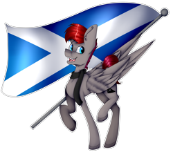 Size: 4055x3565 | Tagged: safe, artist:chazmazda, oc, oc only, species:pegasus, species:pony, clothing, commission, commissions open, cutie mark, digital art, flag, fullbody, happy, highlights, scarf, scotland, shade, shading, simple background, solo, teeth, transparent background, wings, your character here