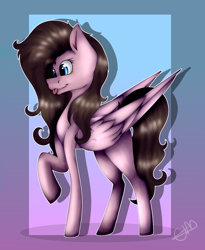 Size: 2800x3420 | Tagged: safe, artist:chazmazda, oc, species:pegasus, species:pony, blep, blue eyes, brown hair, commission, commissions open, curly, curly hair, digital art, feather, fullbody, gradient background, highlights, outline, shade, shading, shadow, shine, shiny, simple background, solo, tongue out