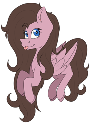 Size: 586x796 | Tagged: safe, artist:chazmazda, oc, oc only, species:pegasus, species:pony, blep, blue eyes, brown hair, colored, commission, commissions open, curly, curly hair, digital art, feather, flat colors, floating, folded wings, fully body, outline, shine, solo, tongue out, wings