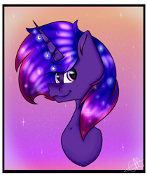 Size: 1608x1911 | Tagged: safe, artist:chazmazda, oc, oc only, oc:cresent, species:pony, border, bust, colored, commission, commissions open, digital art, flat colors, gem, gradient background, happy, head shot, moon, pink eyes, shade, shading, shine, simple background, slow, smiling, solo, space, sphere, stars