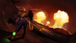 Size: 2560x1440 | Tagged: safe, artist:nsilverdraws, oc, oc:flare-moon, species:pony, species:unicorn, fallout equestria, clothing, dutch angle, end of ponies, end of the world, explosion, fallout, fallout 4, hammer, jumpsuit, level 100, male, mountain, mushroom cloud, next level, nuclear explosion, nuclear weapon, orange sky, pipbuck, stallion, vault suit, war hammer, wasteland, weapon