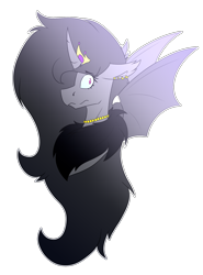 Size: 1362x1845 | Tagged: safe, artist:chazmazda, oc, oc:silhouette, species:bat pony, species:pony, bat wings, chest fluff, commission, commissions open, crown, digital art, ear piercing, earring, fluffy, hightlights, horn, jewelry, long hair, necklace, piercing, regalia, scared, shade, shading, shine, simple background, solo, transparent background, wings, your character here