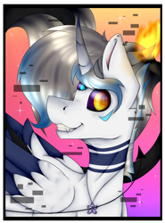 Size: 1680x2268 | Tagged: safe, artist:chazmazda, oc, oc:atlas, species:alicorn, species:pony, colored, colored wings, commission, commissions open, demon, digital art, error, fangs, fire, flat colors, flower necklace, glitch, gradient background, gradient hair, gradient horn, gradient wings, happy, horn, horns, jewelry, markings, necklace, oultine, profile, profile picture, shade, smiling, solo, third eye, three eyes, three tails, wings