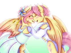Size: 2000x1500 | Tagged: safe, artist:shamy-crist, character:fluttershy, species:pegasus, species:pony, adorascotch, blushing, butterscotch, clothing, cute, dress, ear fluff, eyes closed, female, flutterscotch, gradient background, male, mare, ponidox, rule 63, rule63betes, self ponidox, selfcest, shipping, stallion, straight, suit