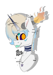 Size: 1404x1983 | Tagged: safe, artist:chazmazda, oc, oc only, oc:atlas, ponysona, species:pony, blue eyes, bust, bust shot, colored, commission, commissions open, digital art, error, fangs, fire, flat colors, flower necklace, glitch, gradient hair, gradient horn, head shot, horn, horns, jewelry, league of legends, markings, name, necklace, orange eyes, simple background, solo, sona, teeth, third eye, tongue out, transparent background, two tongues