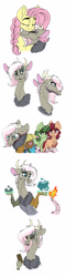 Size: 700x2937 | Tagged: safe, artist:celestial-rainstorm, character:fluttershy, oc, oc:athena, parent:discord, parent:fluttershy, parents:discoshy, species:earth pony, species:pony, species:unicorn, bag, chocolate, comic, female, fire, food, hybrid, interspecies offspring, magic, mare, offspring, rock, saddle bag, simple background, water, white background