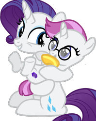Size: 796x1004 | Tagged: safe, artist:incendiaryboobs, character:rarity, oc, parent:maud pie, parent:rarity, parents:rarimaud, species:pony, species:unicorn, amputee, female, filly, glasses, magical lesbian spawn, mare, mother and child, mother and daughter, offspring, older, prosthetic leg, prosthetic limb, prosthetics, simple background, transparent background