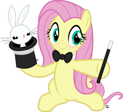 Size: 1674x1514 | Tagged: safe, artist:anime-equestria, character:angel bunny, character:fluttershy, species:pegasus, species:pony, species:rabbit, angry, animal, blushing, bow tie, clothing, cute, duo, female, hat, magician, shyabetes, simple background, smiling, top hat, transparent background, vector, wand