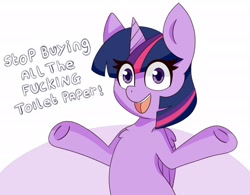 Size: 2157x1679 | Tagged: safe, artist:miss-jessiie, character:twilight sparkle, character:twilight sparkle (alicorn), species:alicorn, species:pony, coronavirus, covid-19, female, looking at you, mare, open mouth, public service announcement, shrug, solo, text, vulgar