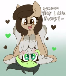 Size: 2611x3000 | Tagged: safe, artist:miss-jessiie, oc, oc only, oc:bree jetpaw, oc:louvely, species:dog, species:earth pony, species:pegasus, species:pony, blushing, cute, dawwww, dog pony, duo, eyebrows, eyebrows visible through hair, female, flirting, fluffy, gradient background, heart, open mouth, pinned, pinned down, solo, text, wavy mouth