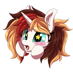 Size: 1200x1200 | Tagged: safe, artist:ask-colorsound, oc, oc only, oc:scarlet serenade, species:pony, species:unicorn, blushing, cute, emoticon, excited, female, gasp, head only, mare, simple background, solo, starry eyes, transparent background, wingding eyes