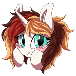 Size: 1200x1200 | Tagged: safe, artist:ask-colorsound, oc, oc only, oc:scarlet serenade, species:pony, species:unicorn, blushing, emoticon, female, flattered, head only, hooves on cheeks, mare, simple background, solo, transparent background