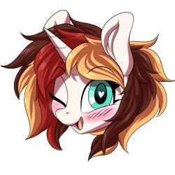 Size: 1200x1200 | Tagged: safe, artist:ask-colorsound, oc, oc only, oc:scarlet serenade, species:pony, species:unicorn, blushing, emoticon, female, head only, heart eyes, love, mare, one eye closed, simple background, solo, transparent background, wingding eyes, wink