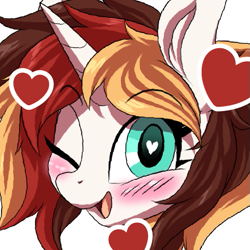 Size: 513x513 | Tagged: safe, alternate version, artist:ask-colorsound, oc, oc only, oc:scarlet serenade, species:pony, species:unicorn, blushing, emoticon, female, floating heart, head only, heart, heart eyes, love, mare, one eye closed, simple background, solo, transparent background, wingding eyes, wink
