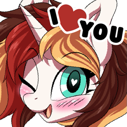 Size: 513x512 | Tagged: safe, alternate version, artist:ask-colorsound, oc, oc only, oc:scarlet serenade, species:pony, species:unicorn, blushing, emoticon, female, head only, heart eyes, i love you, love, mare, one eye closed, simple background, solo, transparent background, wingding eyes, wink