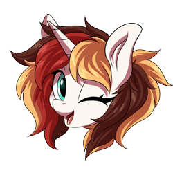 Size: 1200x1200 | Tagged: safe, artist:ask-colorsound, oc, oc only, oc:scarlet serenade, species:pony, species:unicorn, cute, emoticon, female, happy, head only, mare, one eye closed, simple background, smiling, solo, transparent background, wink