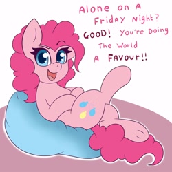 Size: 3000x3000 | Tagged: safe, artist:miss-jessiie, character:pinkie pie, species:earth pony, species:pony, eqg summertime shorts, alone on a friday night? god you're pathetic, coronavirus, covid-19, cute, diapinkes, female, looking at you, on back, open mouth, quarantine, social distancing, solo, subverted meme, talking to viewer, text, underhoof