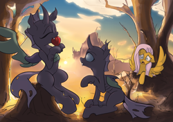 Size: 1600x1129 | Tagged: safe, artist:ruby, character:fluttershy, species:changeling, species:pegasus, species:pony, canterlot, changeling feeding, cute, eyes closed, fangs, female, heart, mare, nom, sunset, tree, tree stump