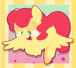 Size: 500x446 | Tagged: safe, artist:pinkiespresent, character:strawberry sunrise, species:pegasus, species:pony, abstract background, crossed hooves, female, lidded eyes, mare, open mouth, smug, solo