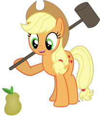 Size: 2221x2694 | Tagged: safe, artist:anime-equestria, character:applejack, species:earth pony, species:pony, applejack's hat, blushing, clothing, cowboy hat, cute, female, food, hammer, happy, hat, mare, pear, ponytail, simple background, sledgehammer, solo, that pony sure does hate pears, this will not end well, transparent background, vector
